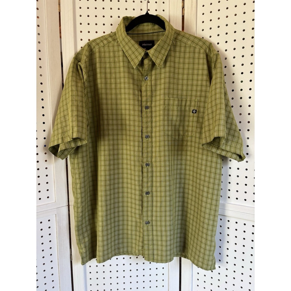 Marmot Short SLV Button Down Shirt Green Rayon Blend Men's XL Plaid Check